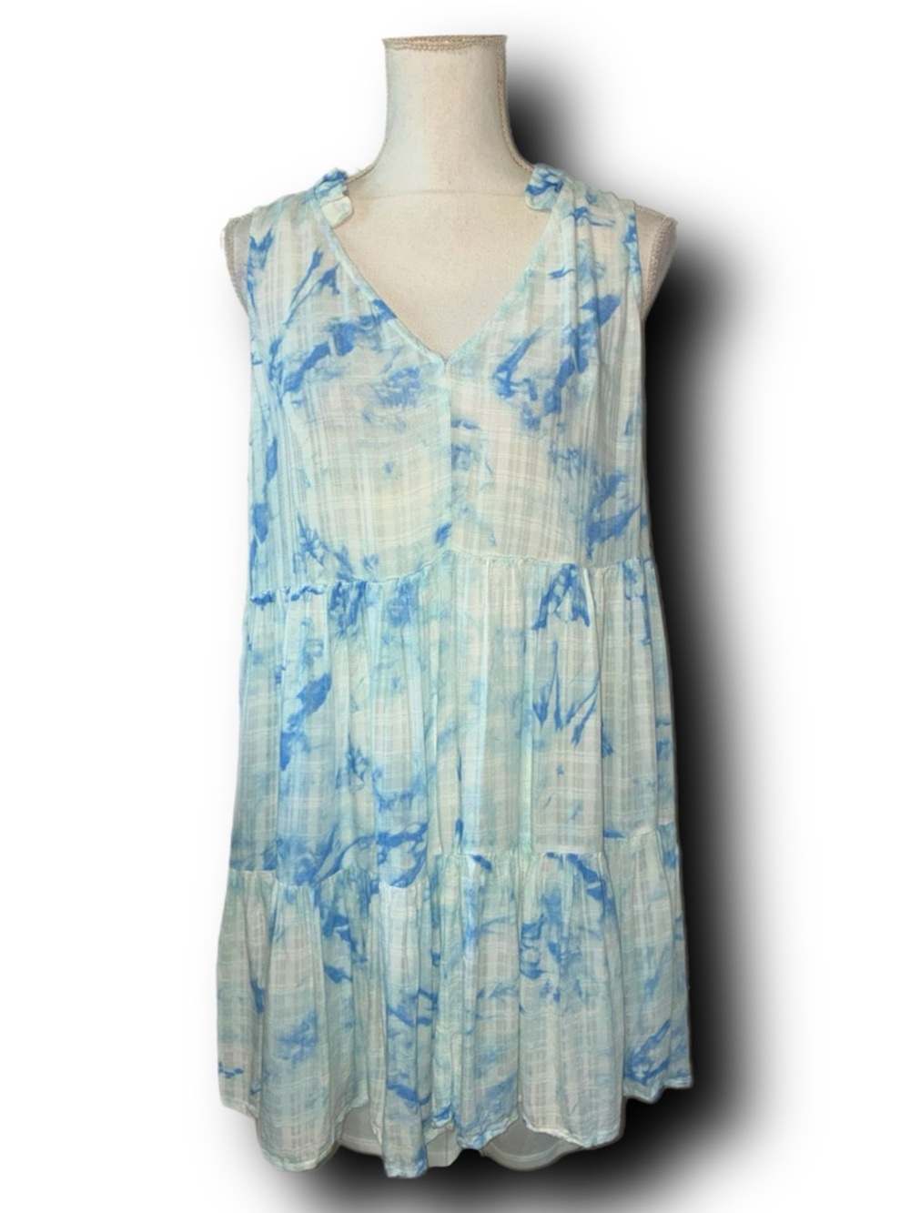 Wonderly Light Blue Tie-Dye Tiered V-Neck Boho Mini Dress